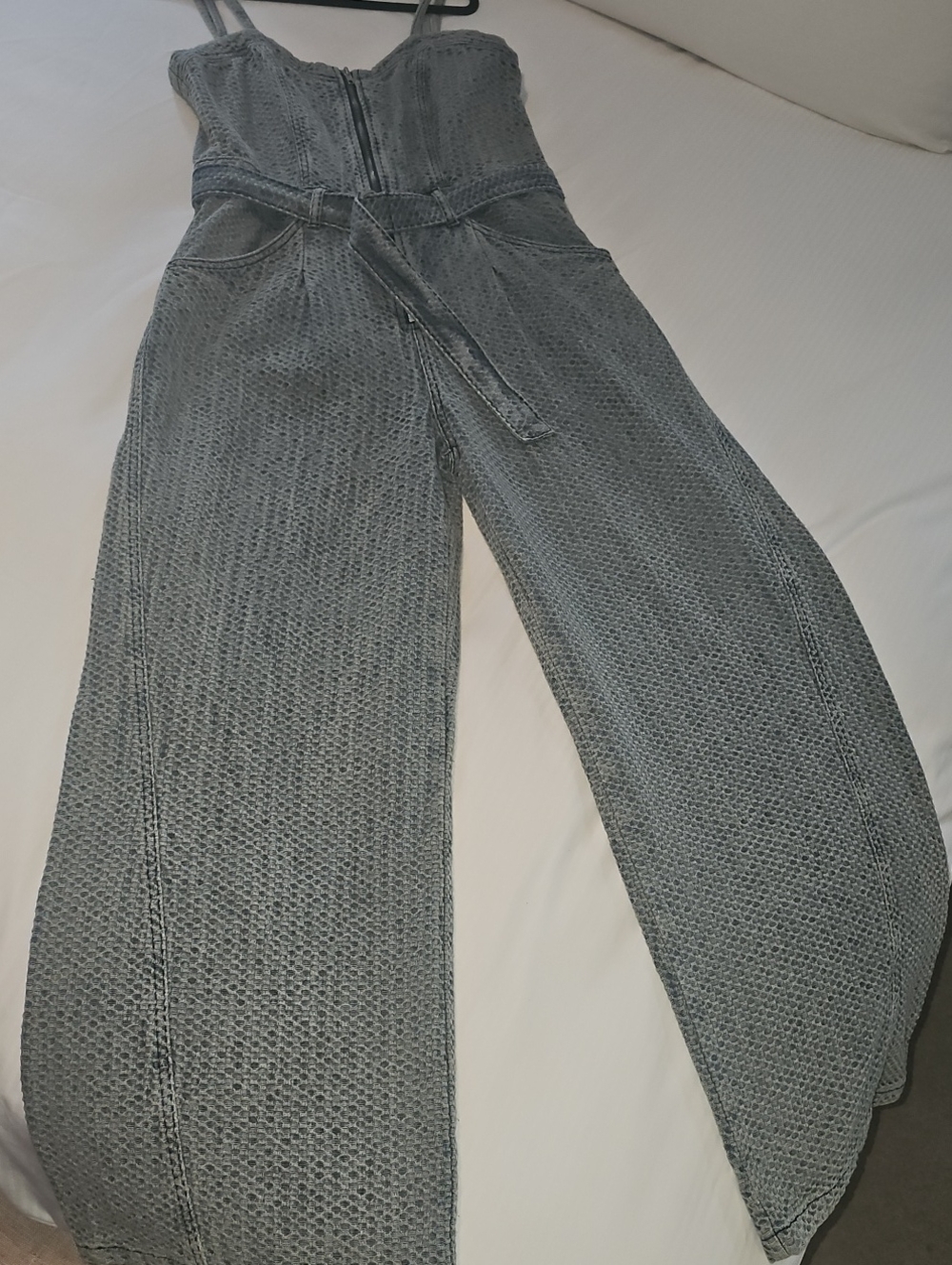 Gray Waffle-Knit Wide-Leg Jumpsuit with Tie Waist